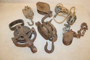 Antique 7 Assorted Wood & Iron Pulleys  (348)