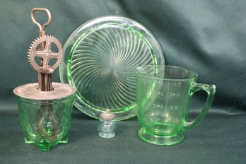 Green Glass Depression Era Lot - 10' W Cake Plate, Mixer, Measuring Pitcher, Salt  (349)