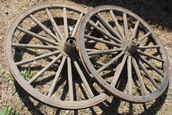 Antique Pair Of  Wagon Wheels W/ Metal Rims  (351)