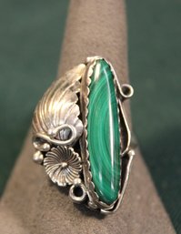 Native American Sterling And Malachite Finger  Ring, Size 10    (351)