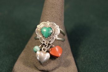 Native American Sterling, Malachite & Coral Finger Ring, Size 10  (353)