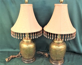 Pair Hammered Brass Table Lamps W/Fabric Shades (Glass Beads Trim) On Wood Base, 24'H  (354)