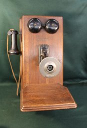 Antique Oak Western Electric Wall Phone Converted For Modern Use, (dial Is Inside), 9'x 12'x 21'H  (357)