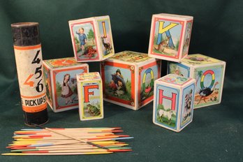 Antique 7 Cardboard Alphabet Blocks (6 Sided) W/ Rattles &  Vintage Pick Up Sticks In Original Can  (35)