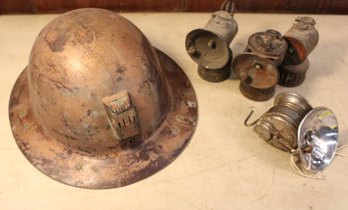 4 Antique  Carbide Lanterns And Hard Hat Construction Helmet  (361)