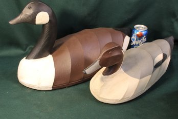 2 Beautiful Decoys - Canvas Covered Goose And Duck, Signed W.M., 18' & 20' Long  (362)