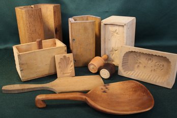 Antique Assorted Wooden Butter Molds, Paddle & Wood Scoop  (363)