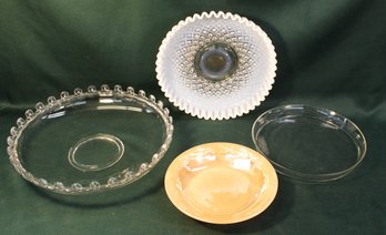 9.5'D Fenton Opalescent Glass Bowl, 12'D Glass Bowl, 7.5' Fire King Plate & 9' Clear Glass Dish  (363)