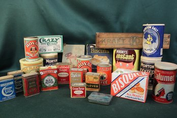 Antique Advertising Spice & Other Tins, Salt Boxes, 2 Royal & Rumford Cookbooks, Kraft Box  (367)