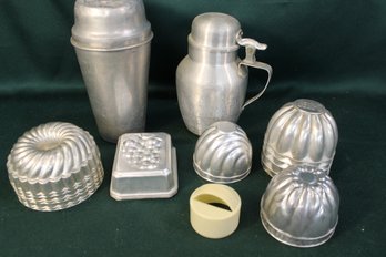Vintage Aluminum Lot - 17 Molds, Cocomalt Shaker (dented Lid), , Pitcher, Plastic Biscuit Cutter   (370)