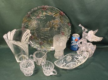 8 Pieces Clear Glass - 13'd Platter, Angel, 8'H Vase, 2 Creamers, Sugar, Bowl And Tumbler  (370)