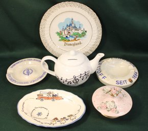 Misc. Lot - 9x6' Plate(Italy),Disneyland Plate, 2 Ashtrays(1 Bavaria), Teapot Bank, Covered Jar (Japan)  (372)
