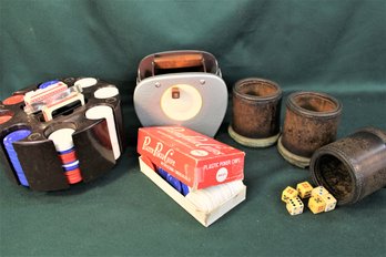 Poker Chips, Shuffler, Playing Cards & 3 Leather Dice Cups   (273)