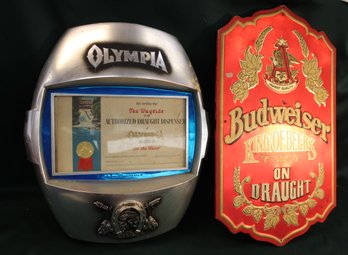 Plastic Olympia Beer Sign, 17'x 21'  &  Budweiser Tin On Masonite Sign, 15'x 25'   (373)