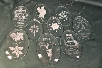9 Clear Etched & Beveled Hanging Glass Ornaments- Seven  6'  & Two 5' Long(377)