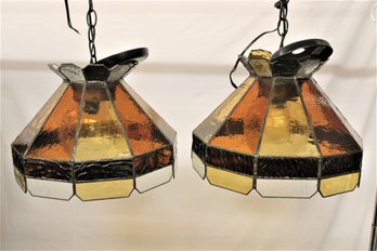 Pair Of Stained Glass Hanging Lamp Shades, (3 Pieces Need Resoldering, All Parts There)  (378)