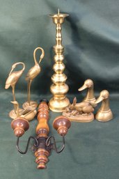 18'H Brass Candlestick, Rabbits, 2 Storks, Pair Brass  Swan Bookends, Wall Hanging Wood Candleholders  (379)