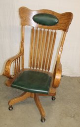 Vintage Upholstered Oak Arrow Back, Steam Bent  Arms , Swivel/tilt Office Chair On Wheels (388)