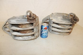 2 Very Large Cast Metal Antique Seattle Pullies, Young, Tested To 7600 Pounds  (389)