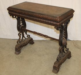 Very  Heavy Ornate Antique Leather Top Entry Table - Metal And Wood, 36x16x33'H  (389)