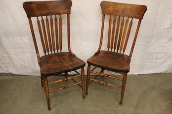 Pair Of Antique Slat Back Dining Side Chairs With  Solid Seats And Hip Rests   (38)