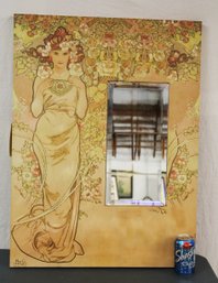 Hand Painted On Canvas Signed Mucha W/ 8x15' Beveled Mirror, 24x32'H  (390)