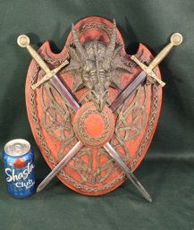 Dragon  Head On Shield W/ 2 Removable Swords, Cast Resin, 11x15'H  (392)