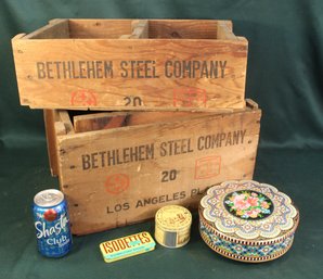 Antique 2 Bethlehem Steel Co. Advertising Wood Boxes, 16x11'H & 16x12'H & 3 Tins  (394)