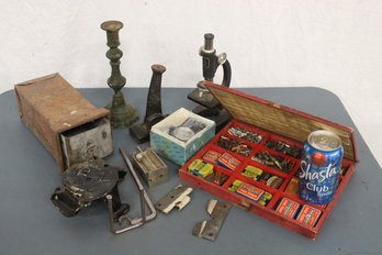 Misc. Lot- Fuse Tins In Metal Box, Microscope,  Candlestick, More (399)