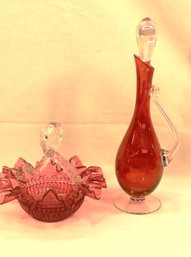 Hand Blown Victorian Cranberry Basket & Cranberry & Clear Glass Footed Pitcher W/stopper (crack In Neck)  (3)