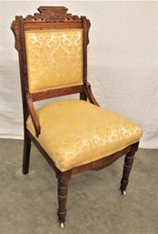 Antique Eastlake Walnut Upholstered Side Chair W/hip Rests, Porcelain Castors, Ca. 1890  (401)