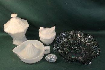 White Glass (including Sunkist Reamer, Avon Chicken) & Carnival Glass Bowl 10'D, Enameled Egg   (404)