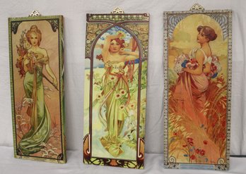 Set Of 3 Two Sided Reproduction Alfonse Mucha Wall Hangings, 12'x 29'  (404)