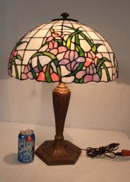 Floral Stained Glass Lampshade On Antique  Metal Base, 24'H  (407)