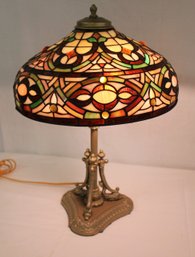 Ornate Stained Glass Lamp Shade With Jewels And Slags  On Antique Metal Base, 23'H  (409)