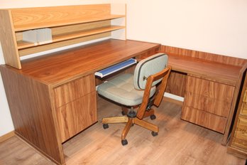 L Shape Office Desk & Chair, Pull Out Keyboard Shelf, 5 Drawer W/ Add On Upper Shelf (410)