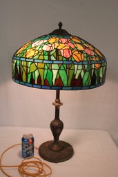 Stained Glass Tulip Lamp Shade On Antique Metal Base, 28'H  (410)