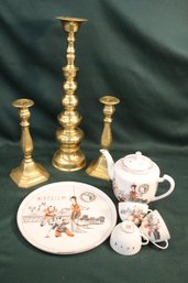 18' & Pair 10' Brass Candlesticks & 10' Plate, Teapot, 3 Cups Set  (412)