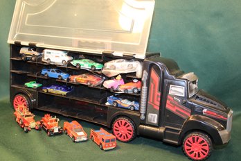 30 Toy Cars In Tractor Trailer Case - Hot Wheels, Matchbox, Lesney, More  (412)
