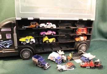 28 Toy Cars In Tractor Trailer Case - Hot Wheels, Matchbox, Ertl, More (413)