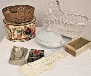 Antique Table Top Lot - Doll Cradle, Casserole, Hat Box, Socks, More (41)