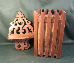 Antique Fir 16'H Wooden Waste Basket & Walnut Fold Up Wall Shelf, 16'H   (41)