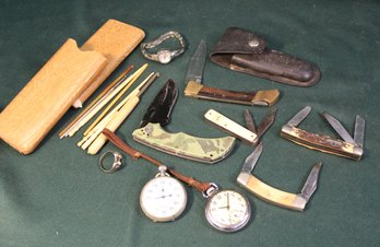 Misc. Lot - Lot 5 Folding Pocket Knives, Ladies LEI Quartz Wristwatch, Stopwatch, (as Is)  (421)