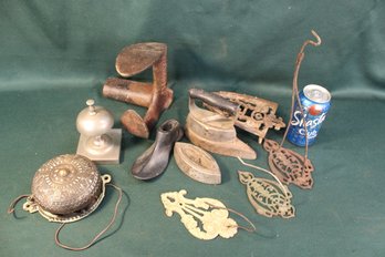 3 Bill Holders, 2 Sad Irons & Trivet, Shoe Lasts, 2 Bells  (424)