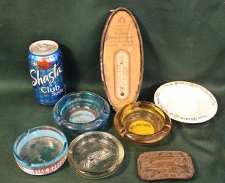 Walker's, Redding, Ca. Adv. Thermometer, 8'H (not Working),5 Adv. Ashtrays, GM Buick Belt Buckle  (429)