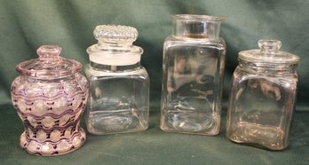 Antique 4 Glass Jars - 3 With Lids, 7-9'H  (435)