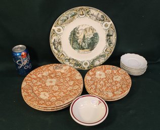 Yosemite Falls 11'D Plate, Salem China Co., 6 Wallace China Plates, 7&9'D, 6 Demi Saucers, Buffalo Bowl  (436)