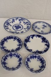 Antique Group Of 6 Flo Blue Dishes -  2 Plates @ 8', 1 Plate @ 10', 7' Butter, 2 Bowls @ 5'   (43)