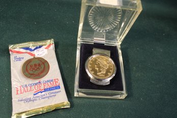1854 Replica Coin In Money Clip &  15 Trading Cards US Olympics Hall Of Fame Series, 1992 (Unopened)  (442)