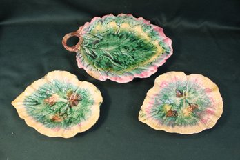 Antique 3 Pieces Majolica - 12' Handled Platter, 2@ 9' Long Bowls, Some Chips   (44)